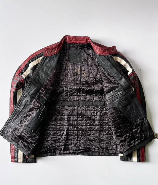 Red and White Striped Black Racer Leather Jacket