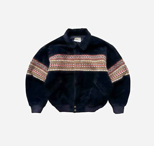 Black Suede Aztec Print Unisex Bomber Jacket
