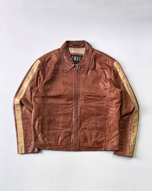 Classic Saddle Striped Brown Leather Jacket