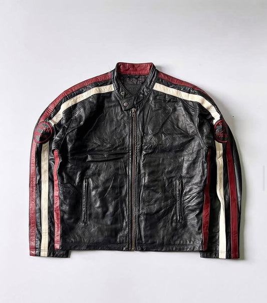 Red and White Striped Black Racer Leather Jacket