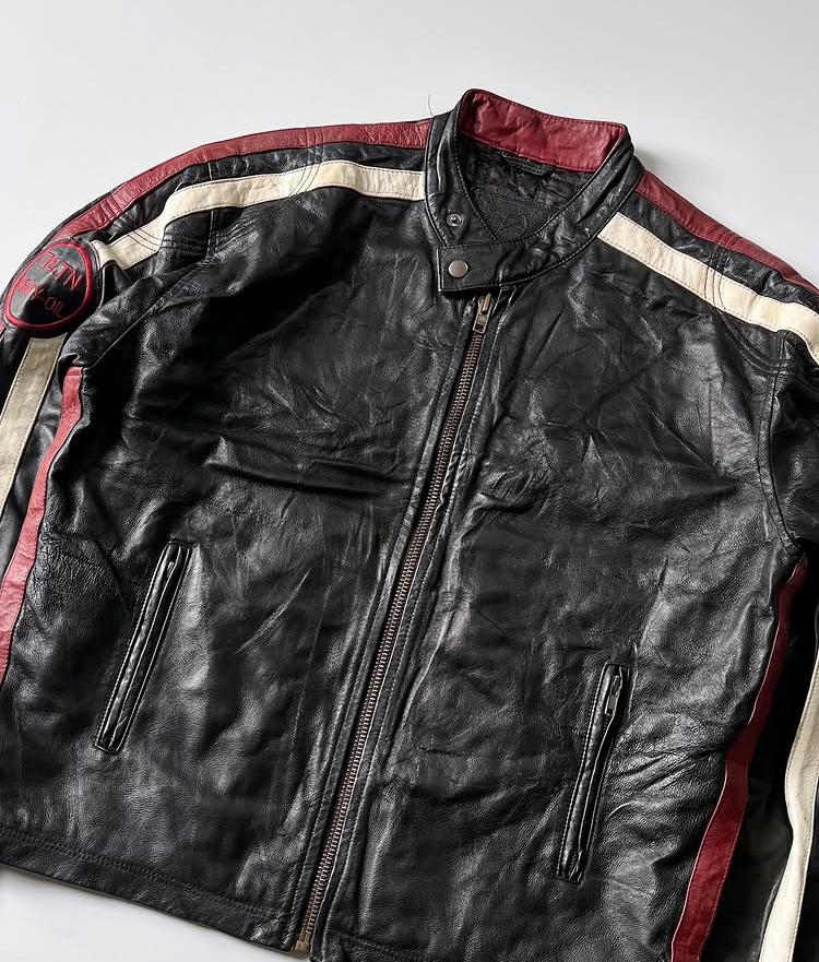 Red and White Striped Black Racer Leather Jacket