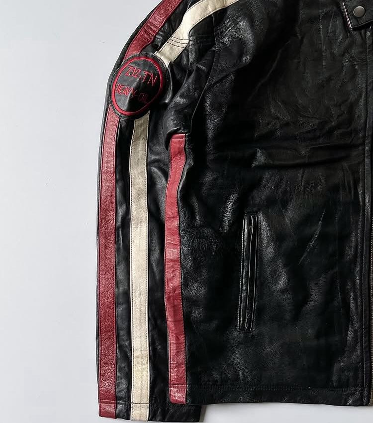 Red and White Striped Black Racer Leather Jacket