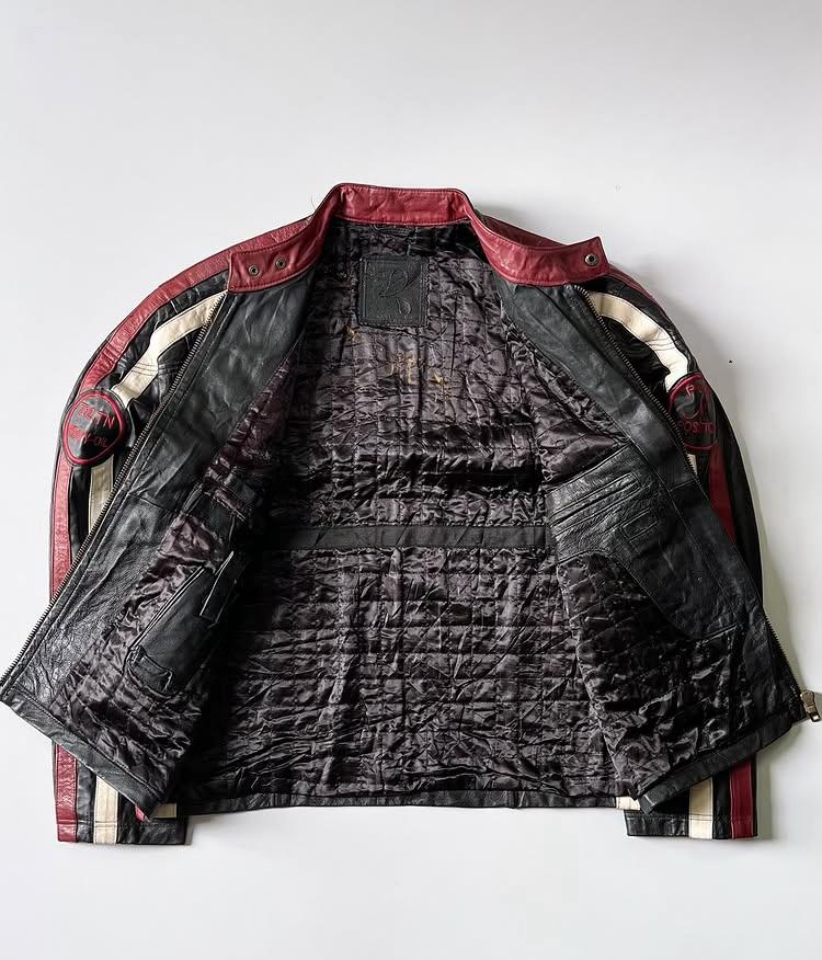 Red and White Striped Black Racer Leather Jacket